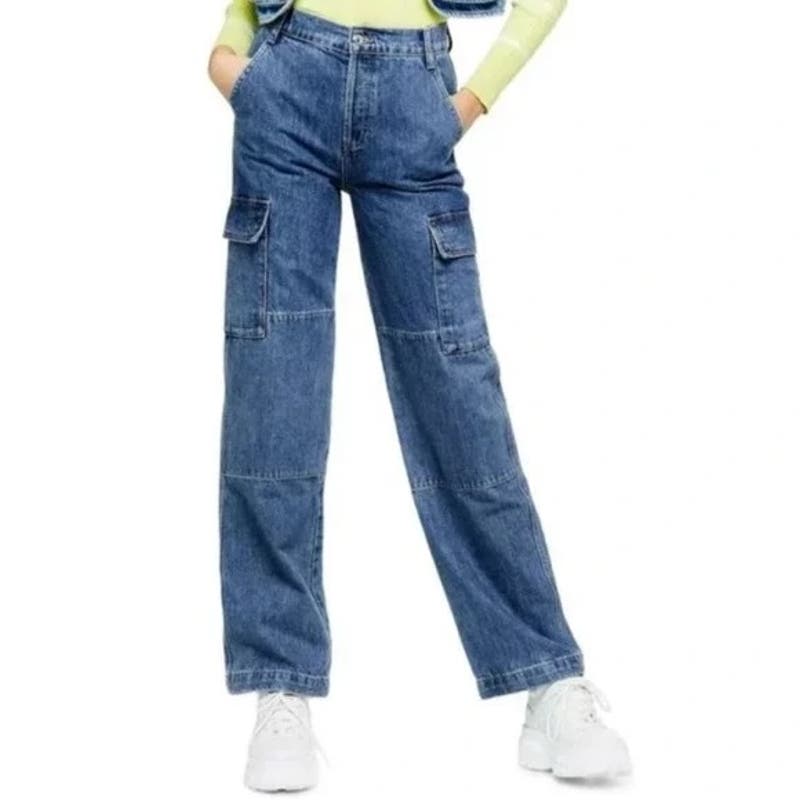Topshop High Rise Baggy Cargo Straight Leg Cotton Jeans Blue 6