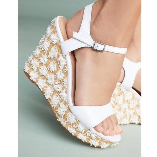 Anthropologie Cork Wedge Open Toe Sandals Shoes White 8