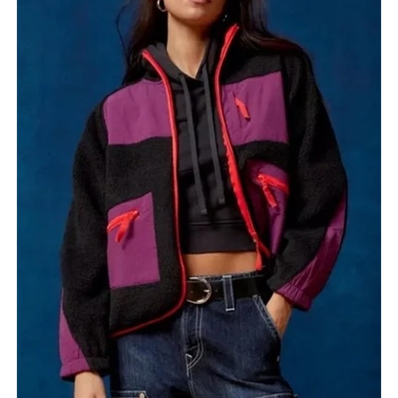 Urban Outfitters BDG Bruce Fleece Spliced Zip Up Jacket Black Purple Medium