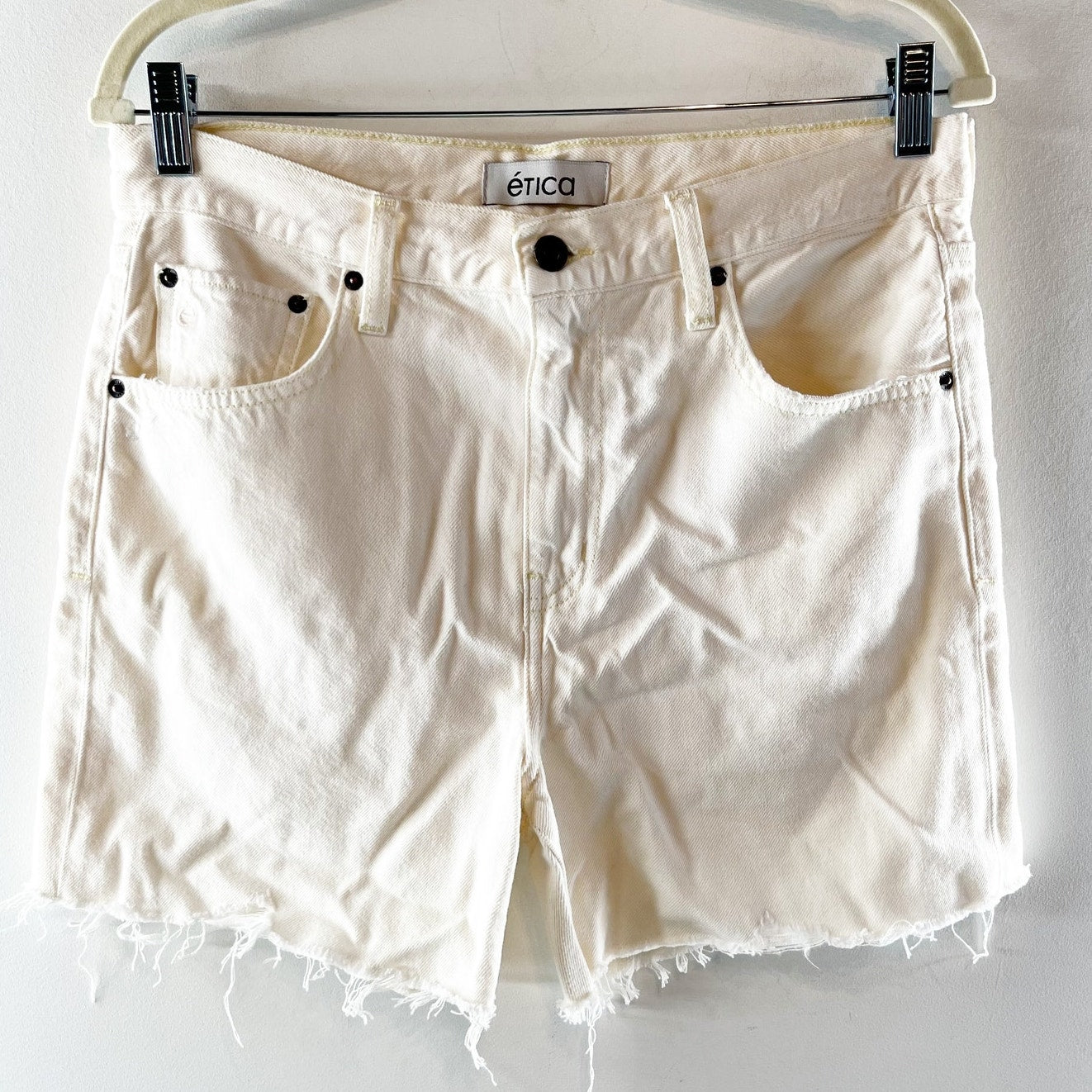Etica High Rise Raw Hem Skylar Denim Cutoff Jean Denim Shorts Cream White 27