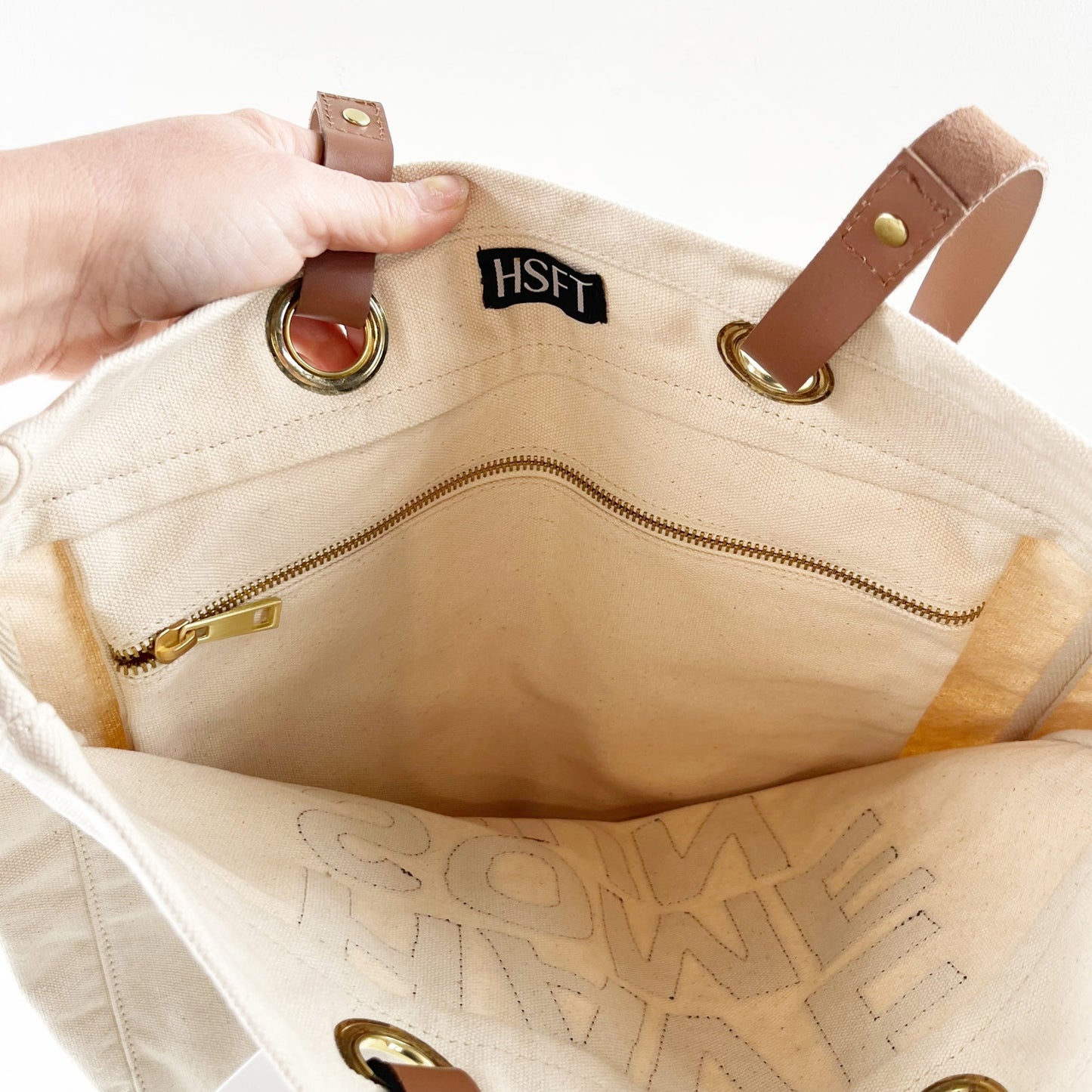 HSFT Have Some Fun Today Luxe Canvas Tote Bag Cream Black Brown