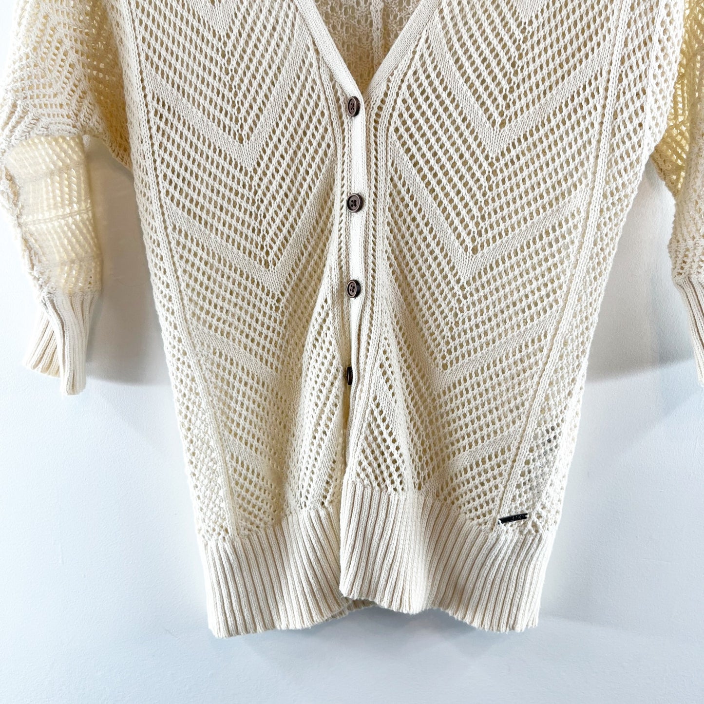 Roxy Turnstone Cotton Crochet Cardigan Sweater Cream Ivory Small