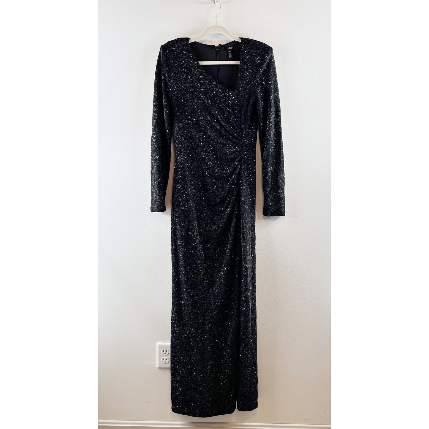 Aqua Formal Long Sleeve Shimmer Glitter Maxi Dress Gown Black Medium
