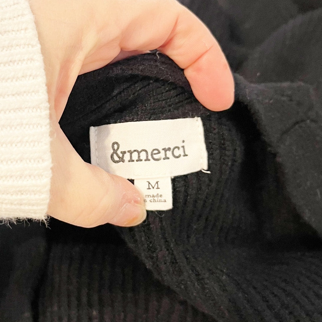 &Merci Puff Sleeve Ribbed V Neck Button Front Knit Cardigan Sweater Black Medium