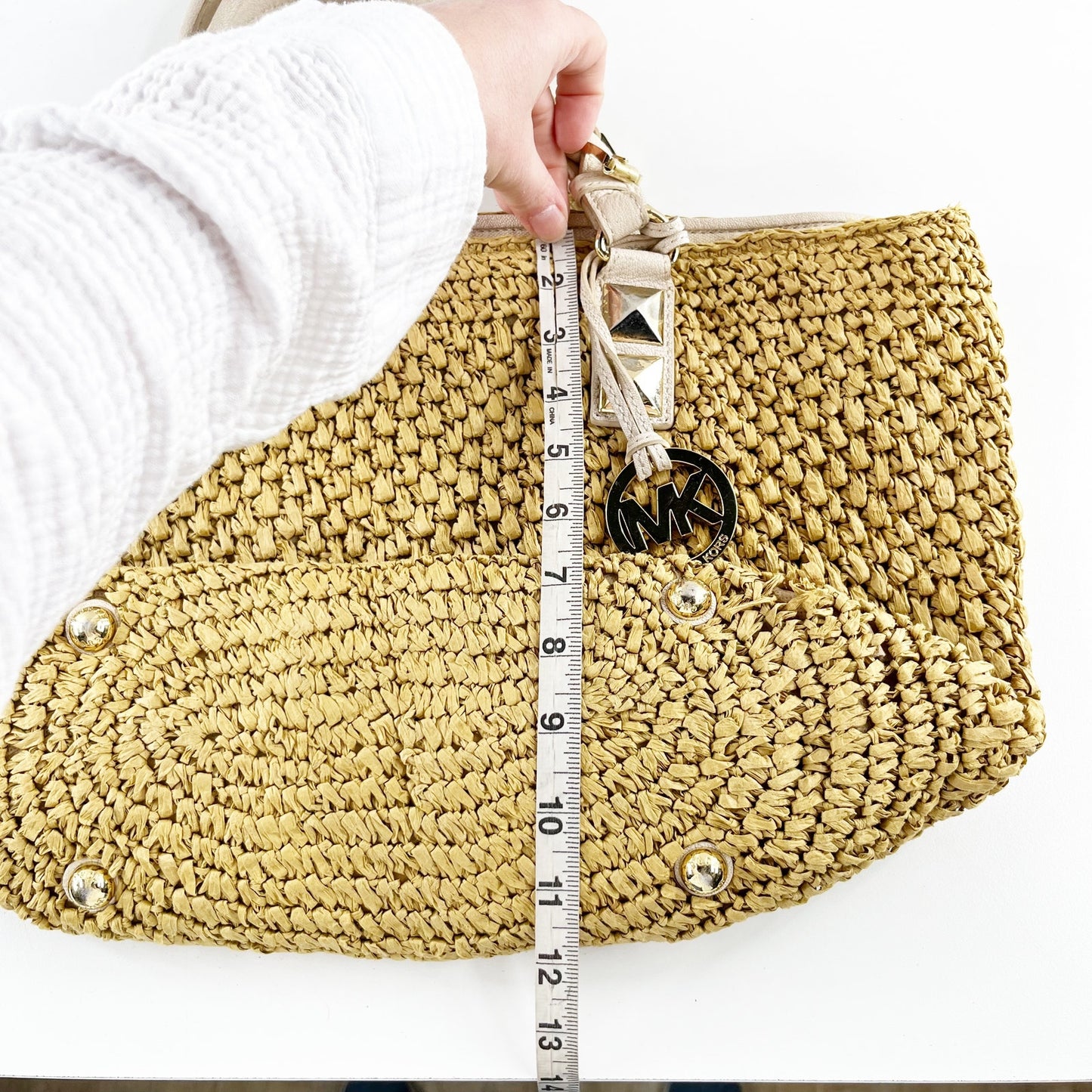 Michael Kors Santorini Straw Raffia Tote Bag Beach Tan White