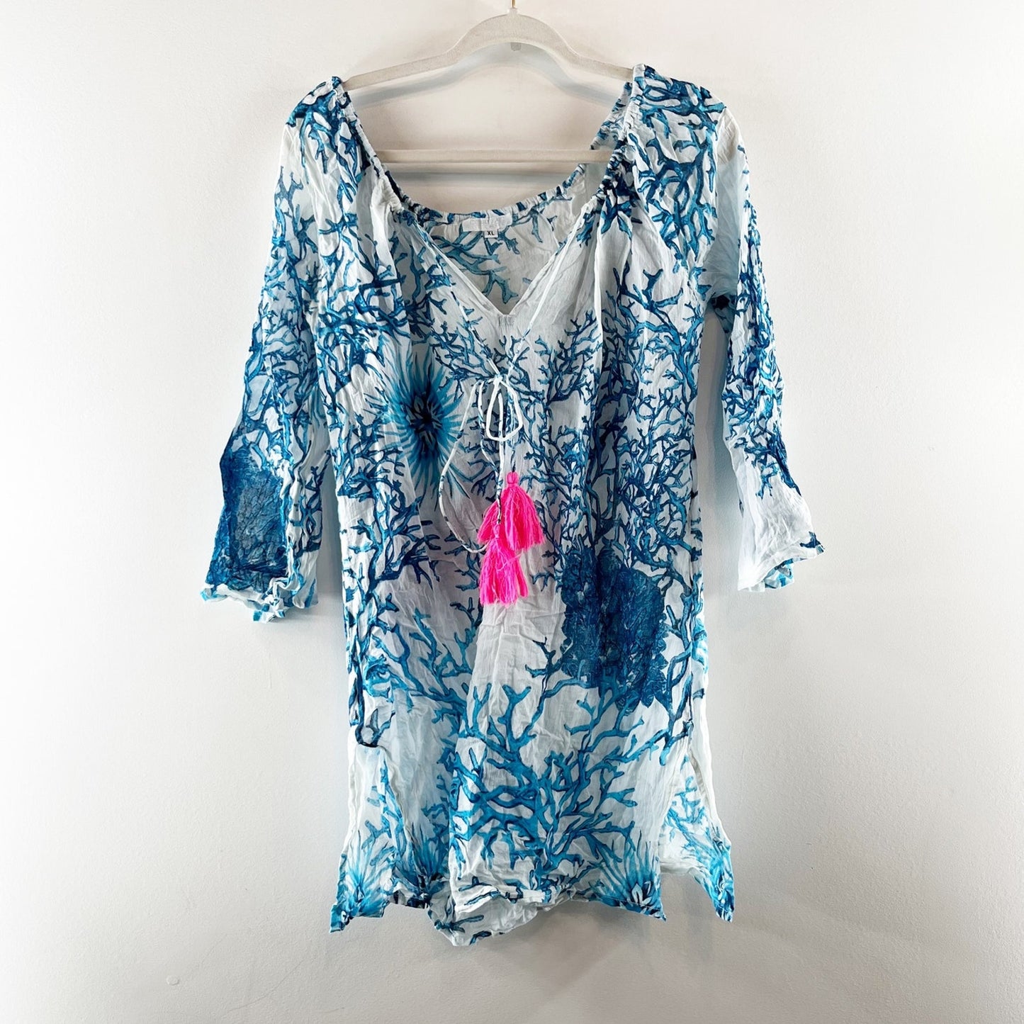 Debbie Katz South Beach Coral Print V-Neck Tunic Cover-Up Dress White Blue Large