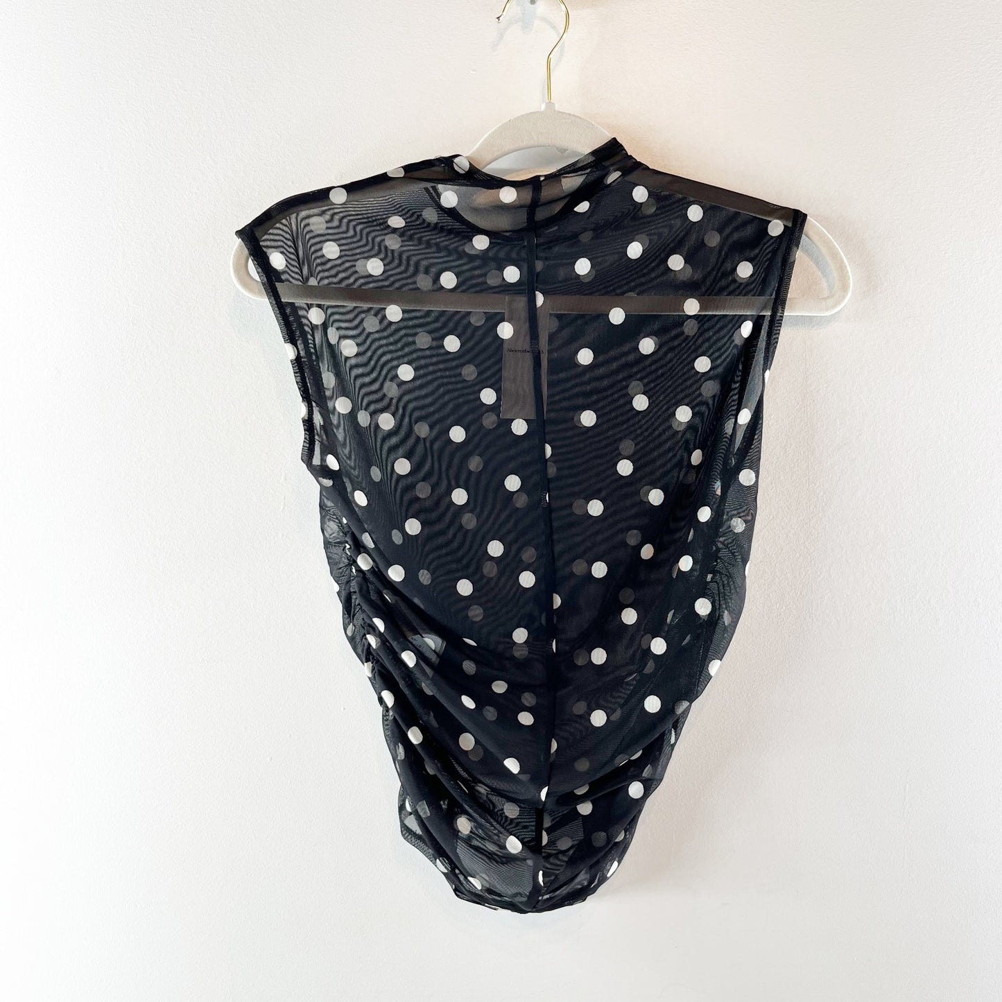 Abercrombie Sleeveless Draped Mesh Sheer Polka Dot Top Black White XS