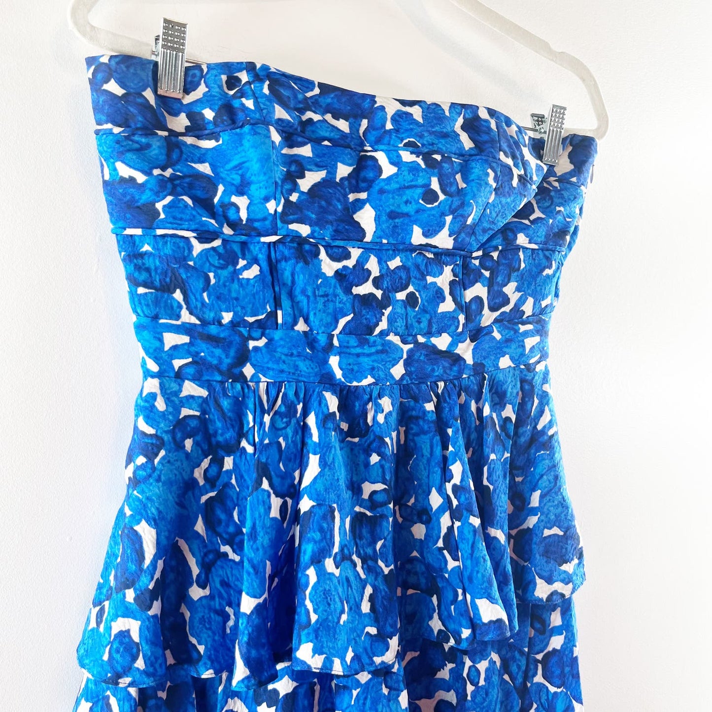 Cynthia Steffe Silk Tiered Ruffle Strapless Floral Mini Dress Blue White 8