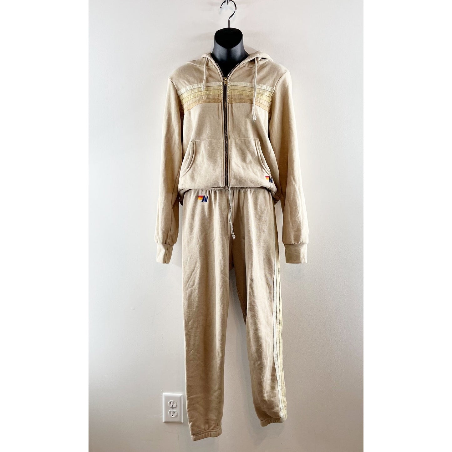 Aviator Nation 5 Stripe Full Zip Hoodie and Matching Sweatpants Set Sand Tan XS