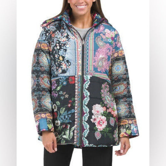 Johnny Was Reversible Puffer Coat Jacket Black Pink Printed XS