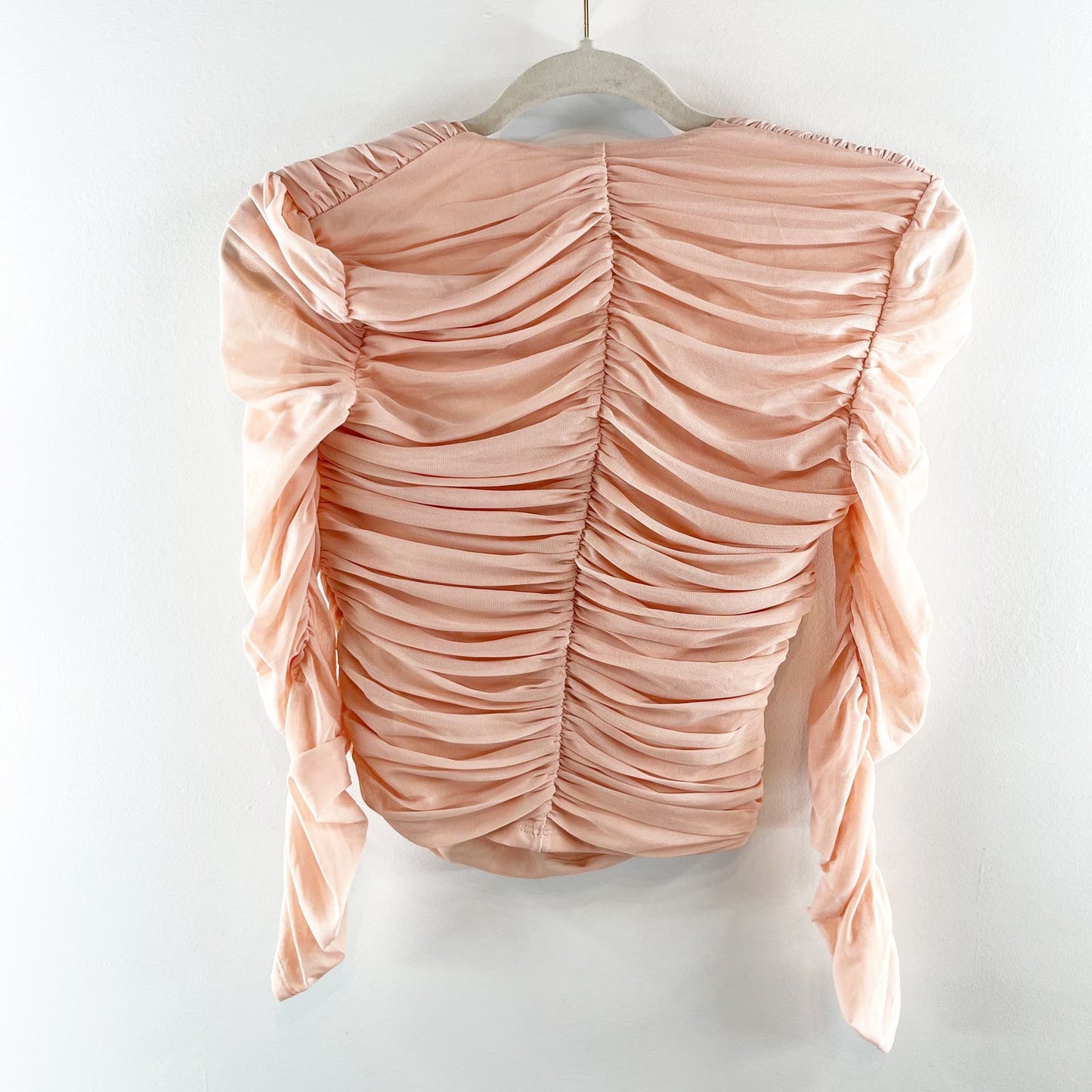 Express Body Contour Sheer Sleeve Ruched Corset Style Top Baby Pink Small