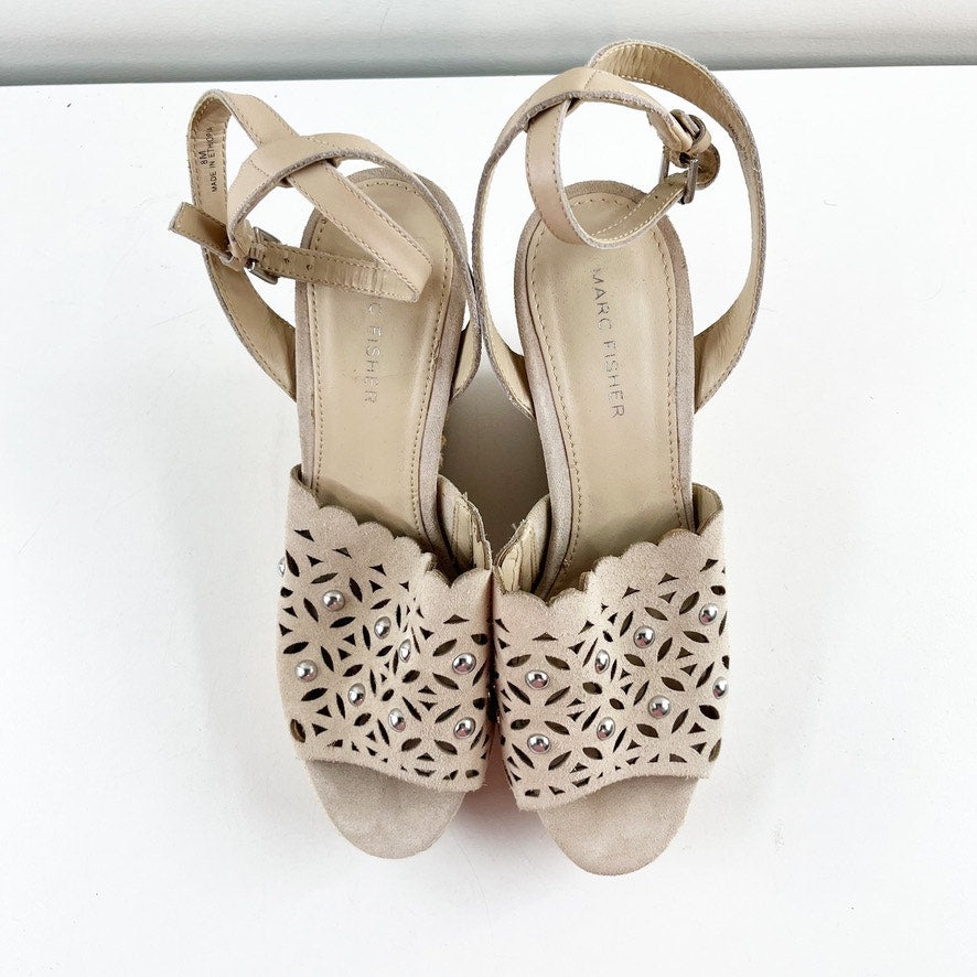 Marc Fisher Hata Laser Cut Studded Espadrille Wedge Sandals Heels Tan Beige 8