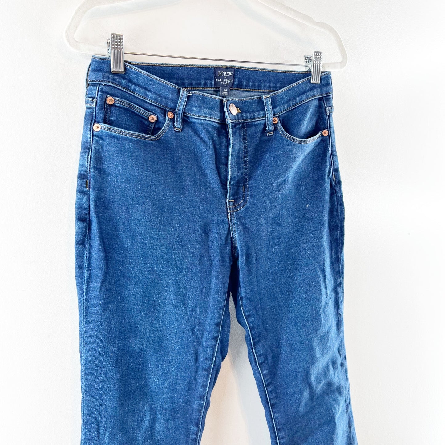 J. Crew Mid Rise Full Length Flare Jeans Signature Stretch Dark Wash Blue 26