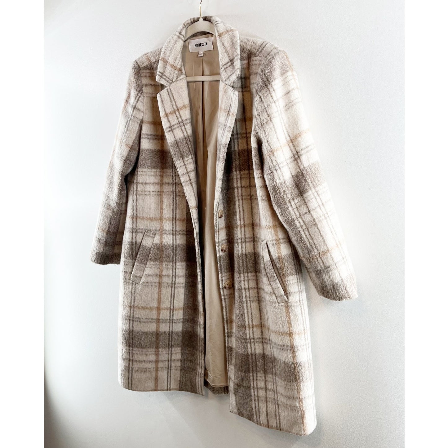 BB Dakota Plaid To Be Said Long Sleeve Notch Lapel Overcoat Peacoat Tan Large