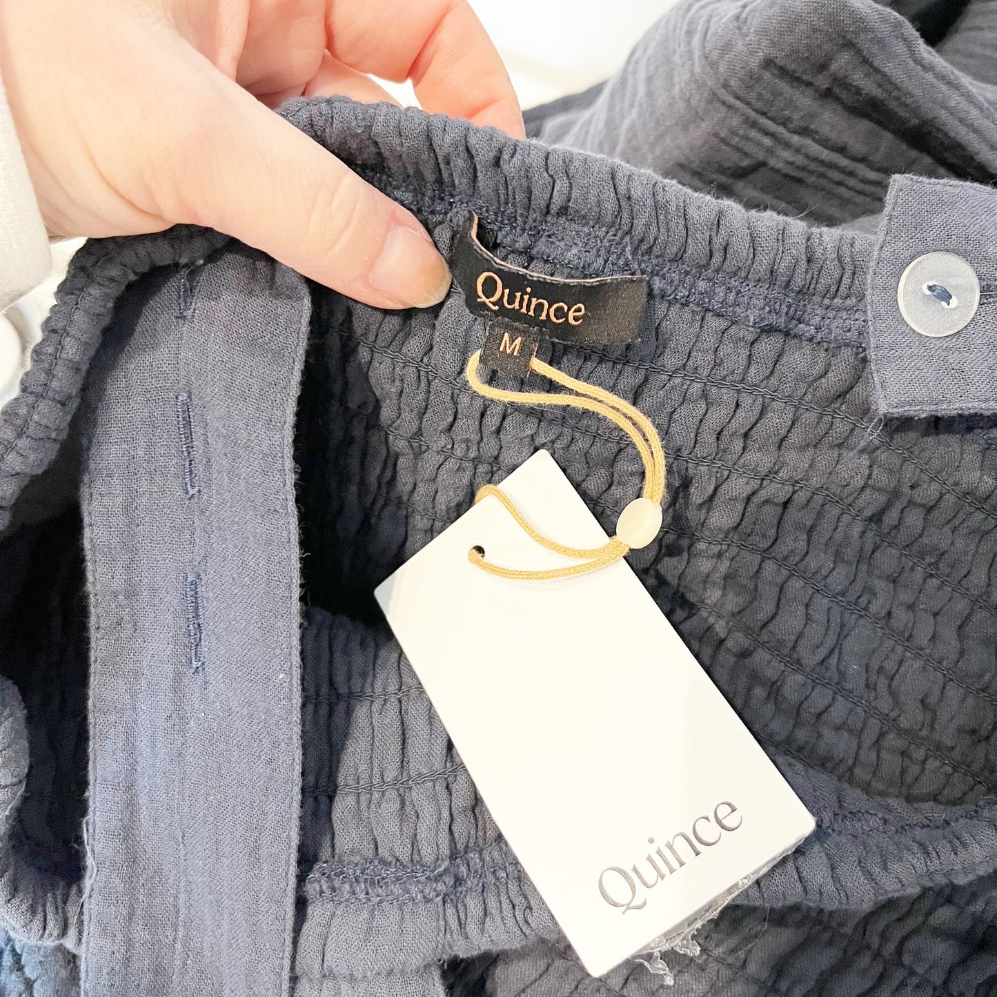 Quince Organic Cotton Gauze Smocked Wide Leg Jumpsuit Indigo Blue Medium