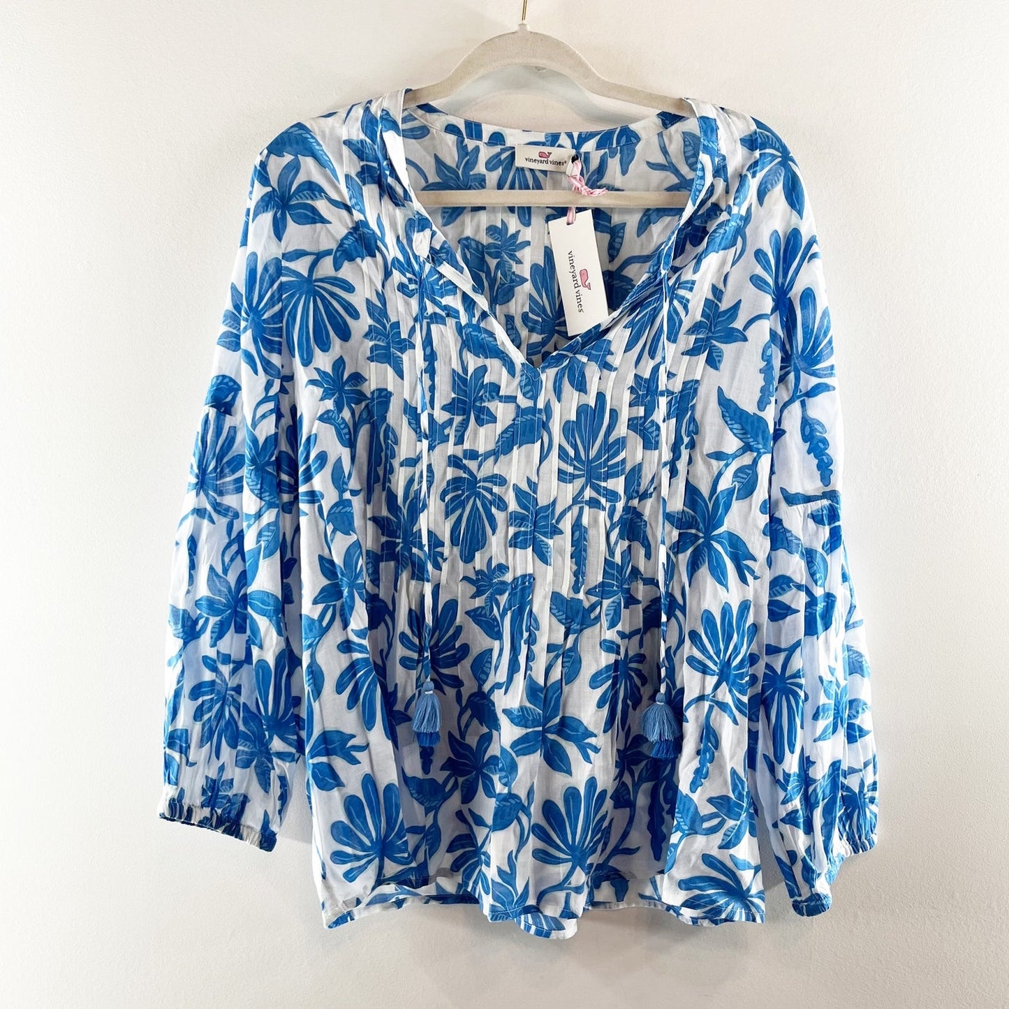 Vineyard Vines Dunmore Pintuck Popover Floral Long Sleeve Blouse Blue Top Large
