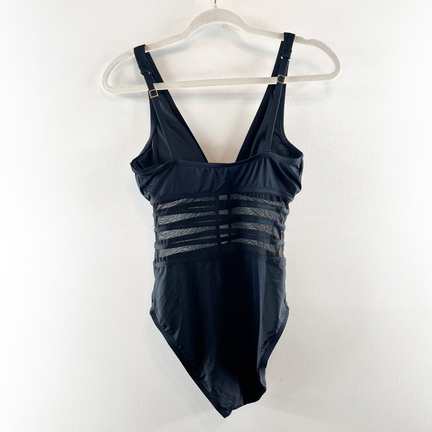 LA Blanca Island Goddess Plunge Mesh One Piece Swimsuit Black Medium