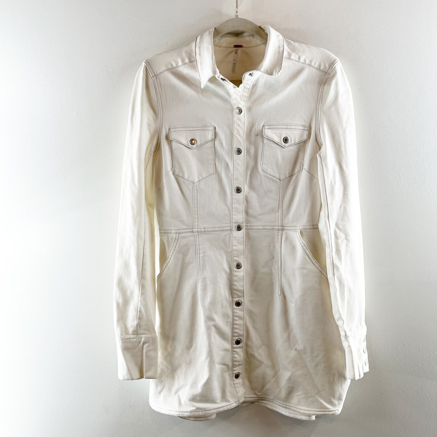 Free People Dynomite Long Sleeve Denim Snap Button Mini Shirt Dress White Small