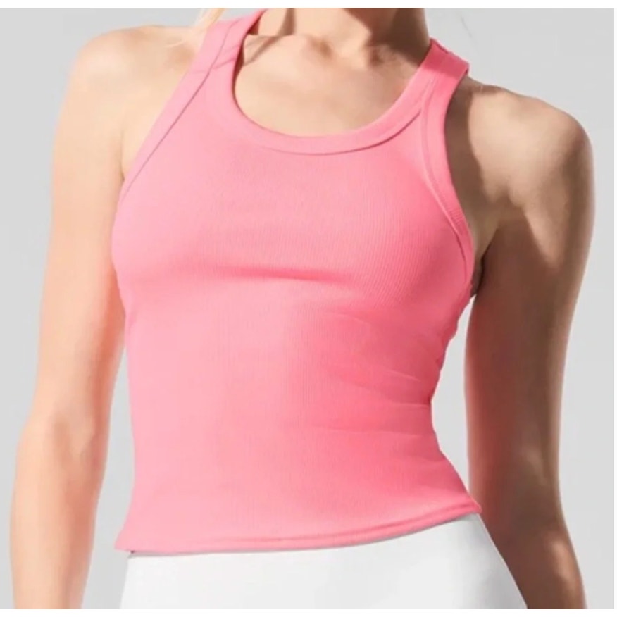 Alo Goddess Ribbed Go-To Tank Top Neon Bubblegum Pink Small