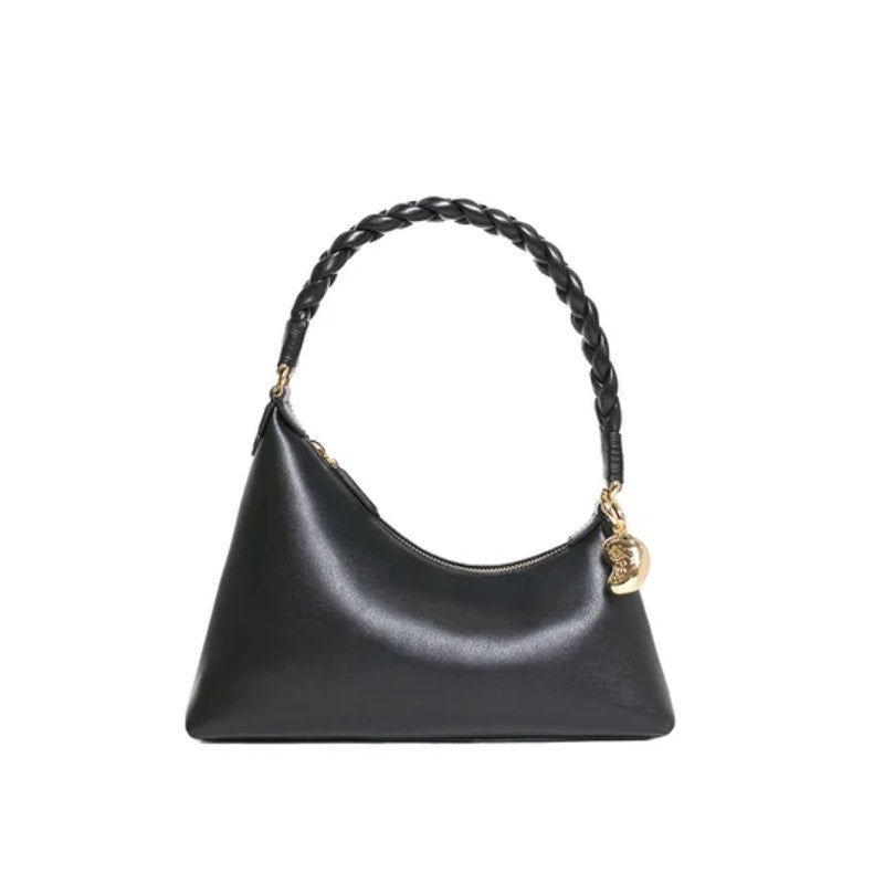 Aupen Nirvana Calfskin Leather with Gold-Tone Metal Shoulder Handbag Noir Black