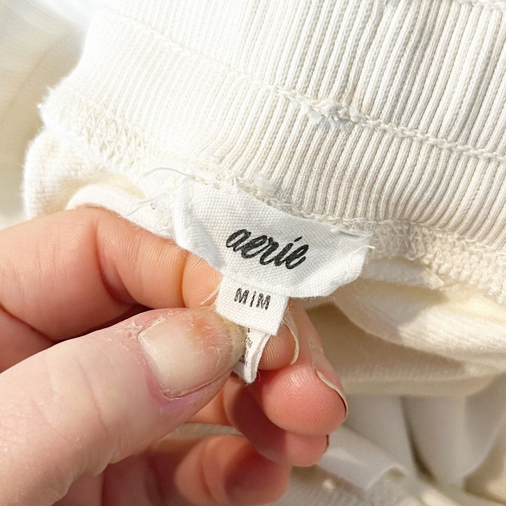 Aerie High Rise Soft Landing Wide Leg Pull On Raw Hem Cream Pants Medium