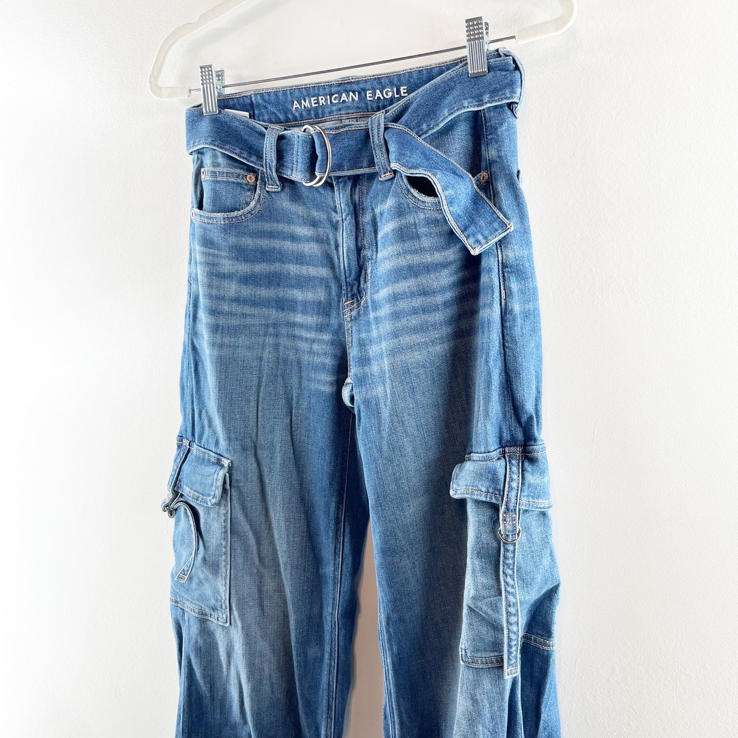 American Eagle Outfitters Super High Rise Baggy Wide Leg Cargo Jeans Blue 0