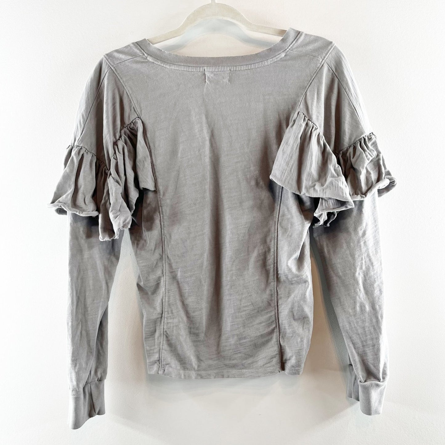 Nation Ltd. 100% Cotton Long Sleeve Ruffle Trim V-Neck Blouse Top Gray Small