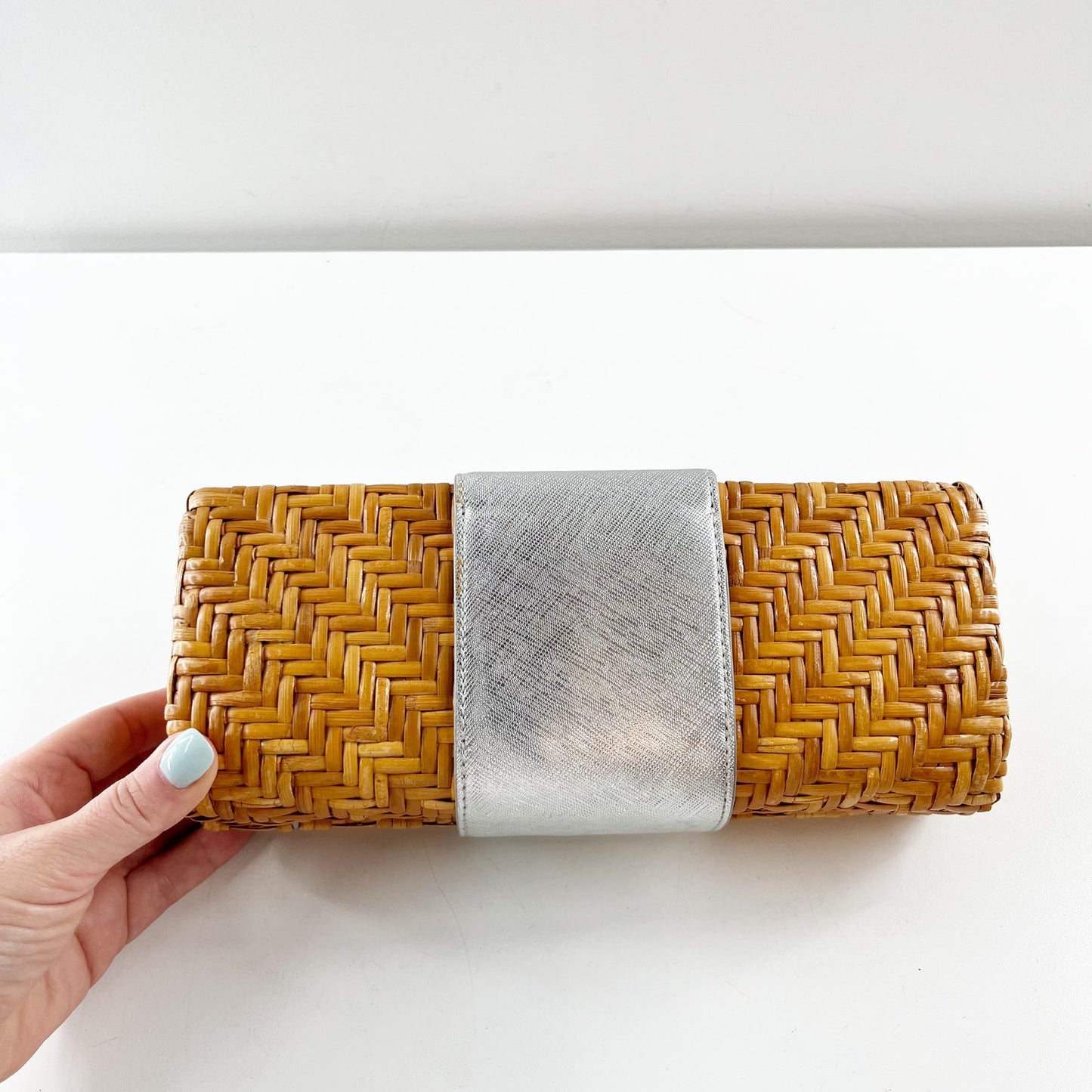 Tory Burch Raffia Rattan Clutch Metallic Silver Tan
