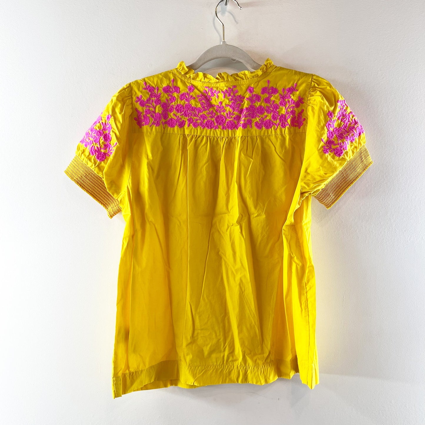 J. Crew Short Puff Sleeve Embroidered Cotton Poplin Blouse Top Yellow Pink Small