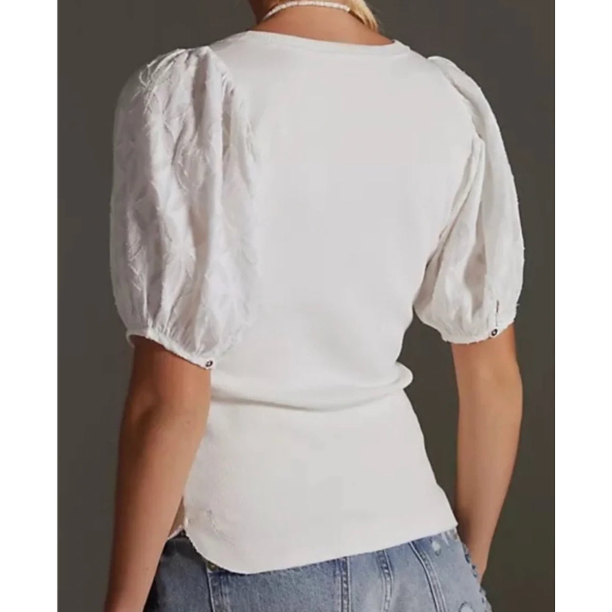 Pilcro Anthropologie Short Puff Sleeve Henley Ribbed Top White Medium