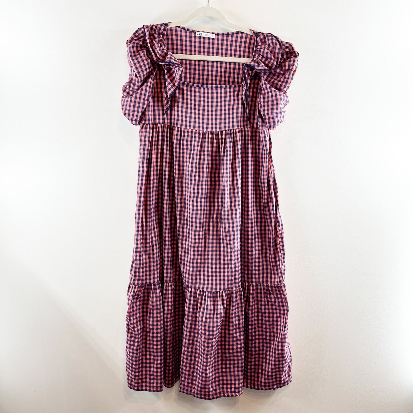 ZARA Short Puff Sleeve Square Neck Gingham Midi Dress Pink Blue Medium