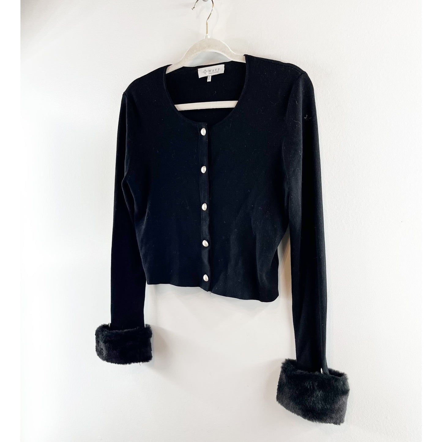 Wayf Long Sleeve Button Front Cropped Cardigan with Faux Fur Cuffs Black Medium