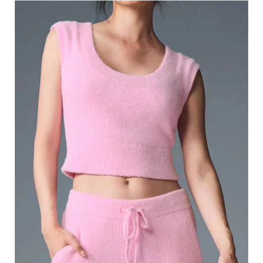 Alo Yoga Snuggle Up Cap Sleeve Scoop Neck Cropped Sweater Tank Sweet Pink XS