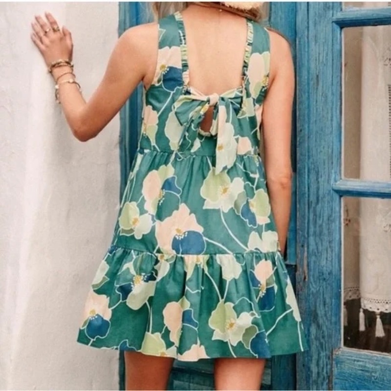 Sezane Alexandra Cotton Sleeveless Floral Mini Dress Green 36 / US 2-4