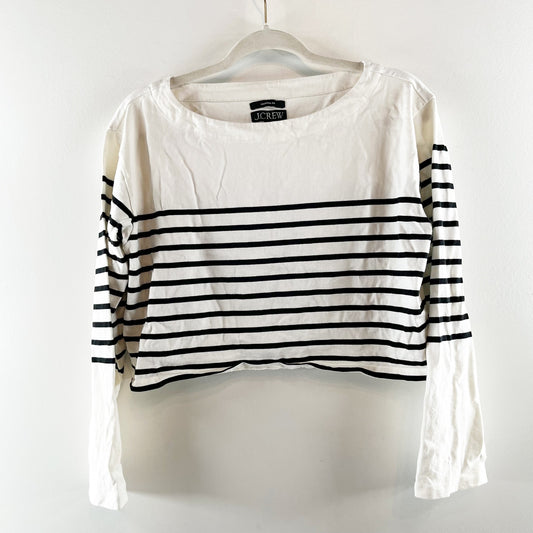 J. Crew Cropped Striped Boatneck Long Sleeve Cotton Top White Small