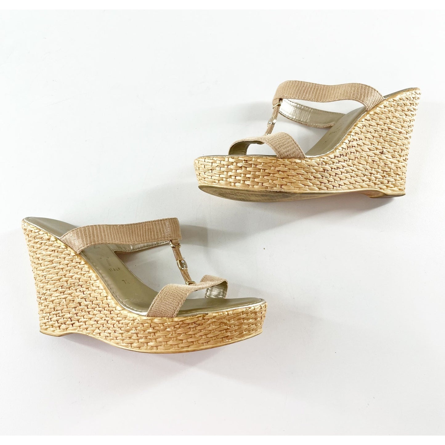 Italian Shoemakers Aida Wedge Leather Sandals Tan Beige 7.5