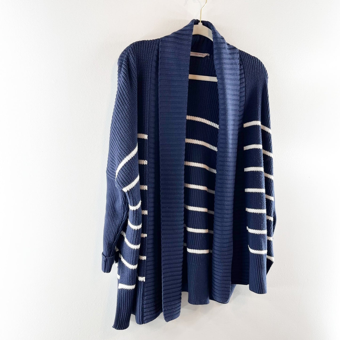Athleta Striped Peaceful Wrap Open Knit Chunky Cardigan Sweater Navy Blue XXS
