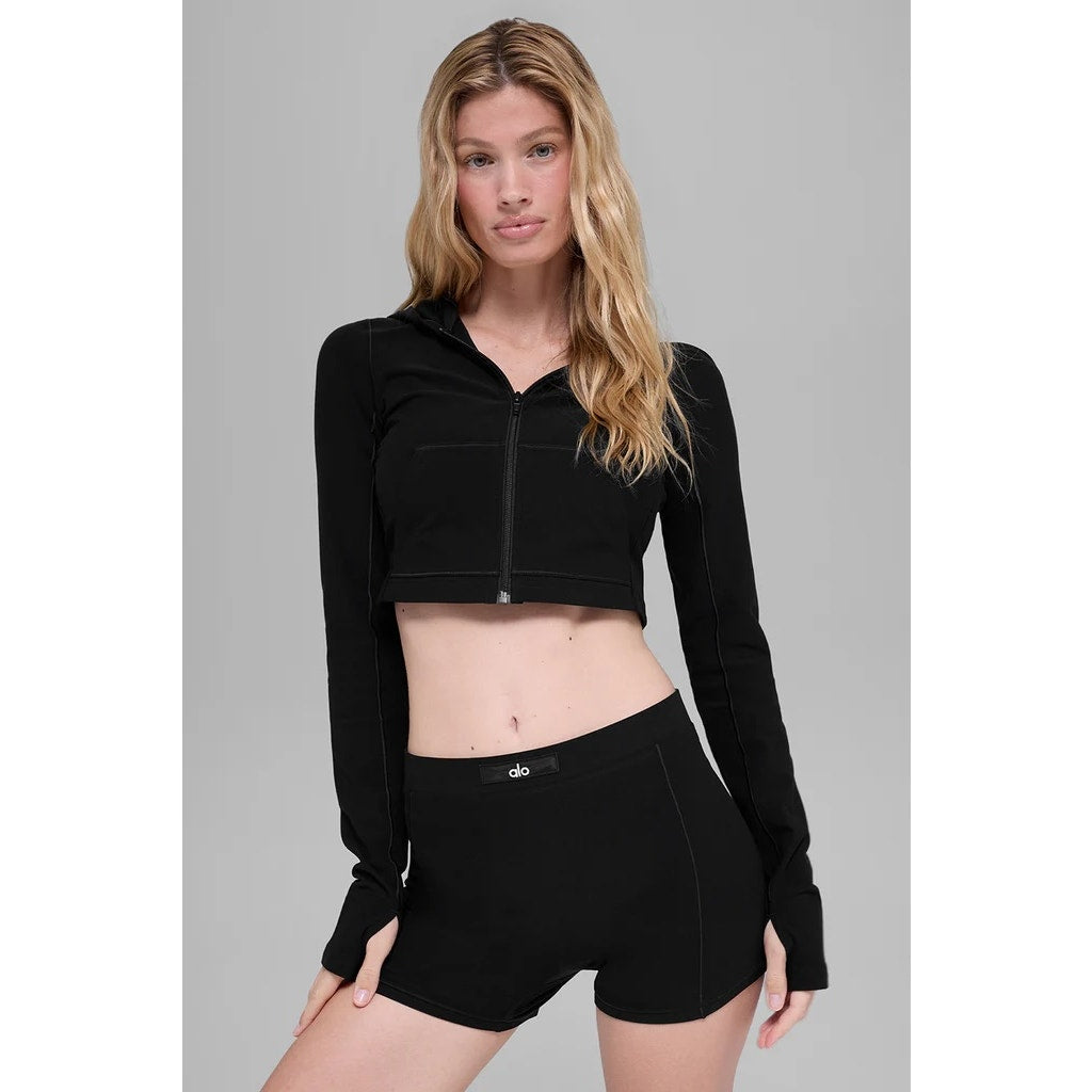 Alo Alosoft Sincere Fitted Cropped Long Sleeve Full Zip Jacket Black Small