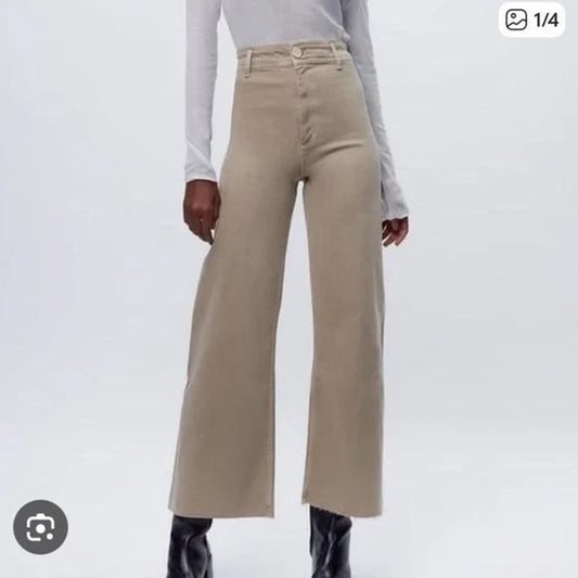 ZARA The Marine High Rise Wide Leg Raw Hem Pants Jeans Tan Khaki 2