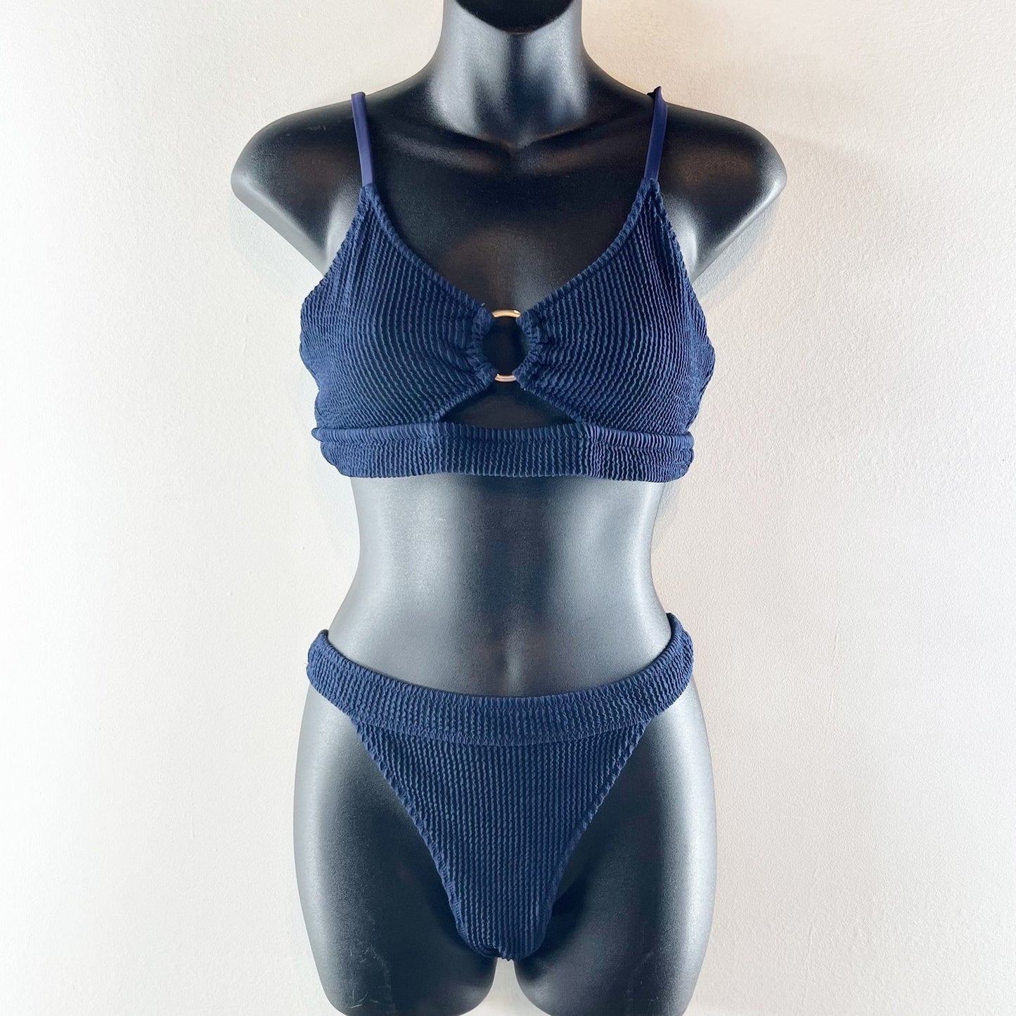 Aerie Crinkle Scoop Cutout Bikini Top & Pull Cheeky Bikini Bottom Set Navy Large