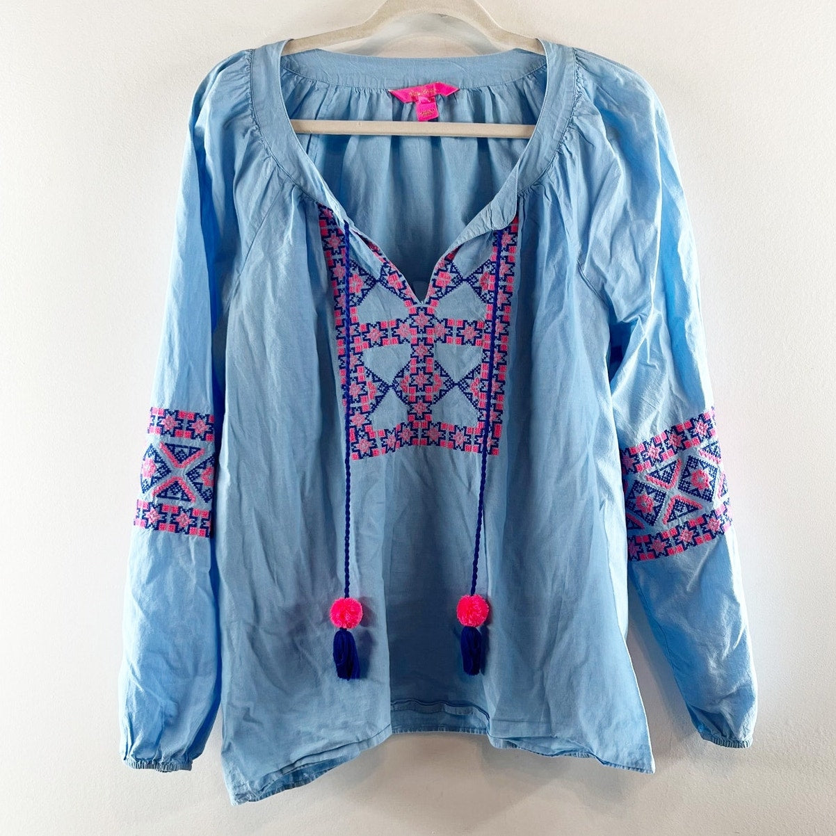 Lilly Pulitzer Cecile Embroidered Long Sleeve Tassel Drawstring Top Blue XL
