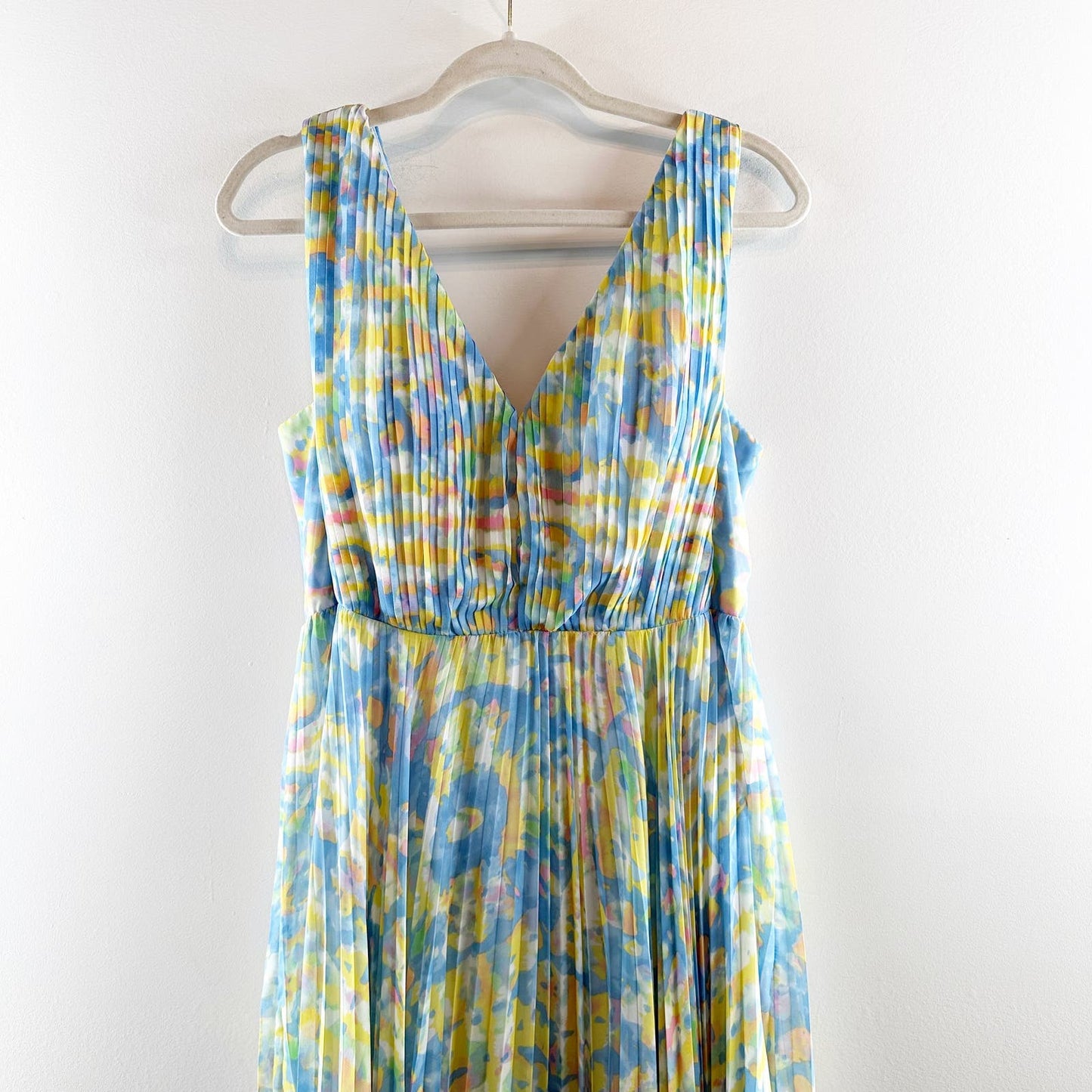 Laundry By Shelli Segal Pleated Knee High Slit Tie Dye Maxi Dress Blue Yellow 6