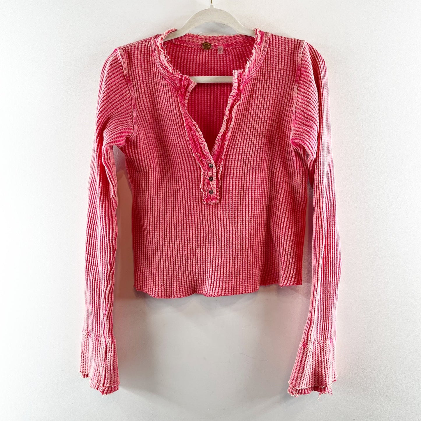 Free People Colt Thermal Waffle Long Sleeve Henley Top Red Pink XS
