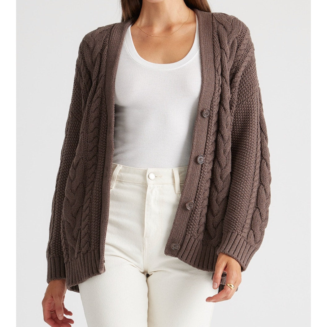 Quince Organic Cotton Oversized Cable Cardigan Sweater Heather Brown XS