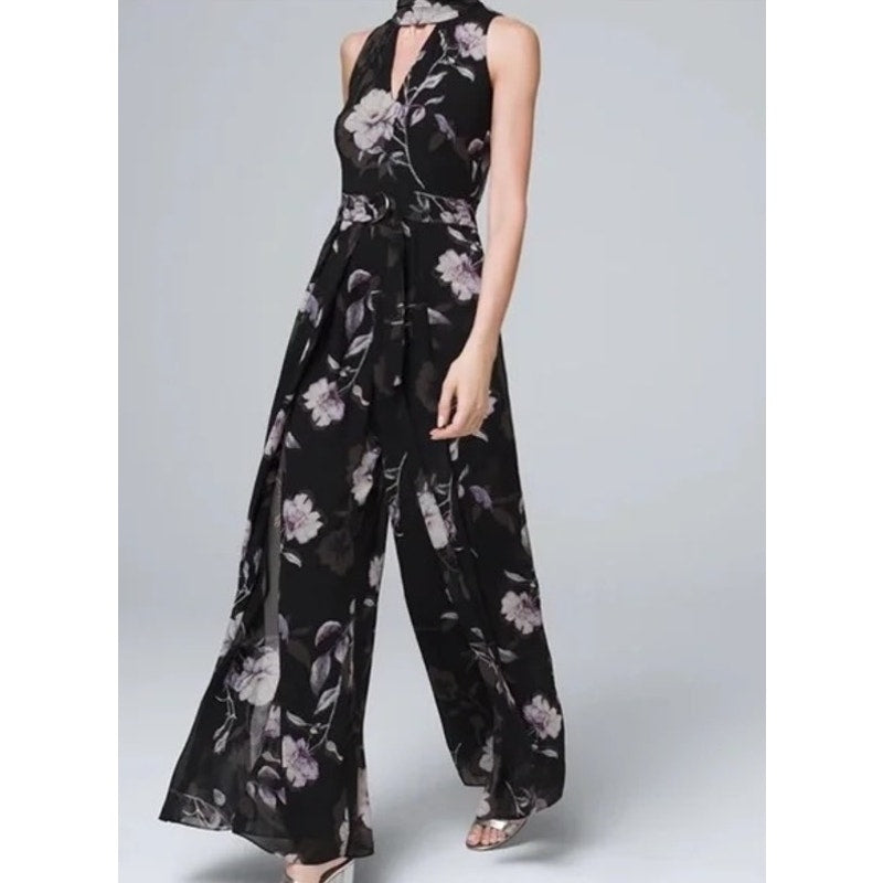 White House Black Market Floral Sleeveless Wide Leg Jumpsuit Black 12