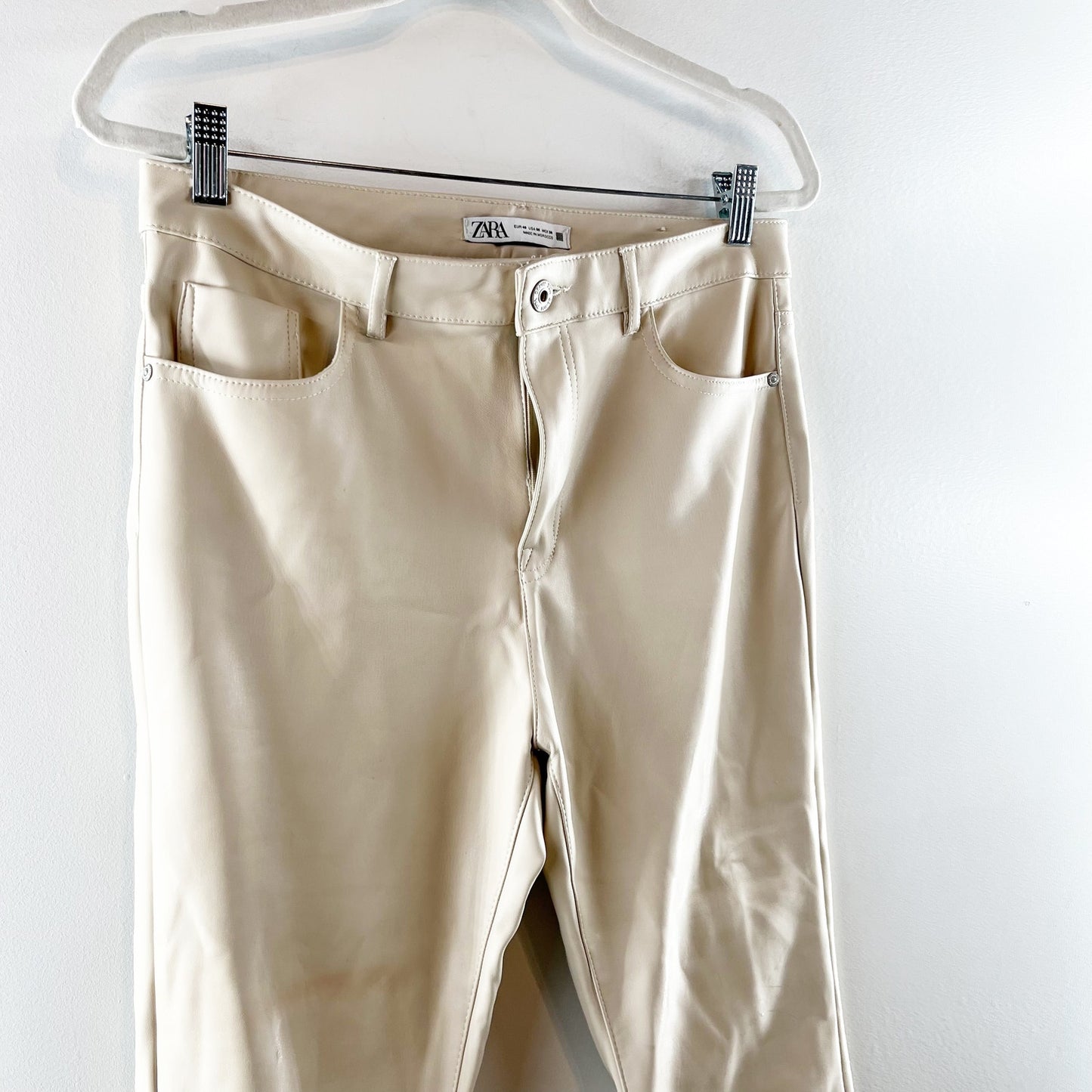 ZARA High Rise Faux Leather Cropped Boot Flare Pants Cream 6