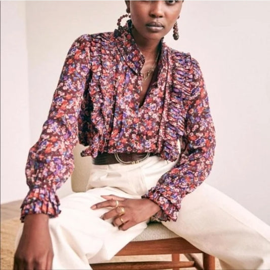 Sezane Dany Button Up Shirt Blouse Floral Ruffle Long Sleeve Purple 34 / US 2-4