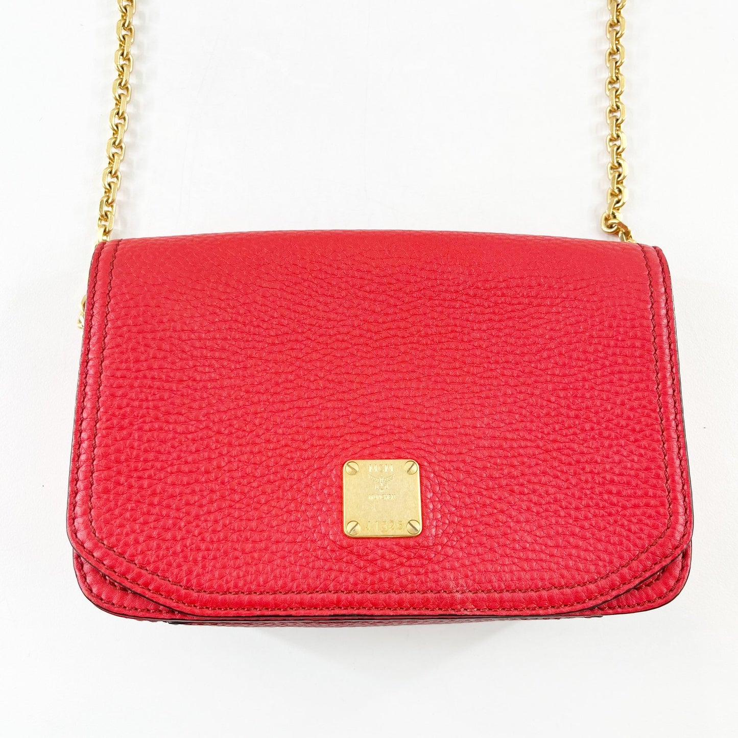 MCM Square Leather Crossbody Bag Gold Chain Flap Closure Red Gold