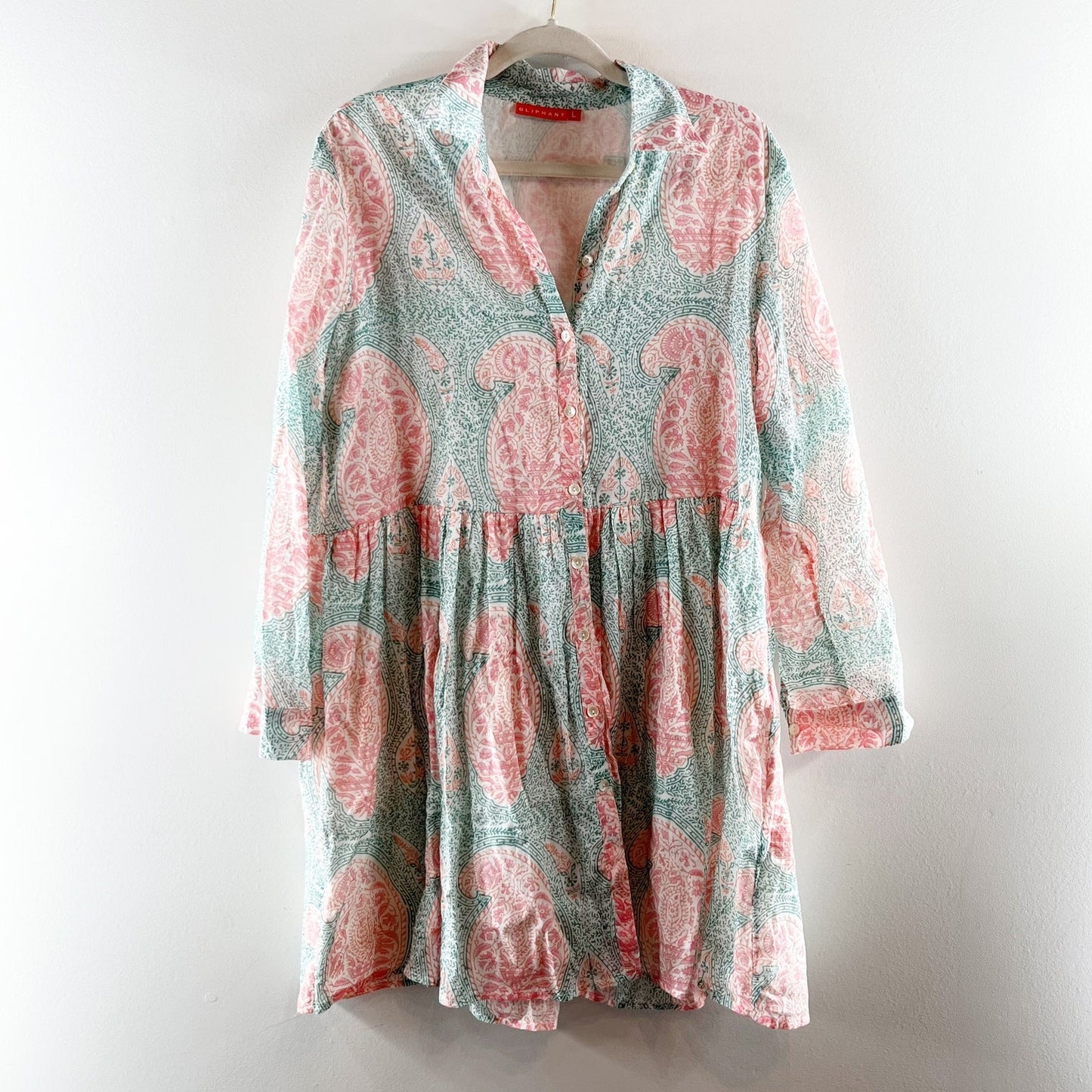 Oliphant Samode Long Sleeve Babydoll Mini Tunic Dress Green Pink Large