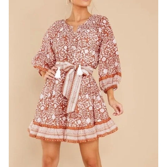 Cleobella Gwen 3/4 Sleeve Cotton Printed Belted Mini Dress Terracotta XS